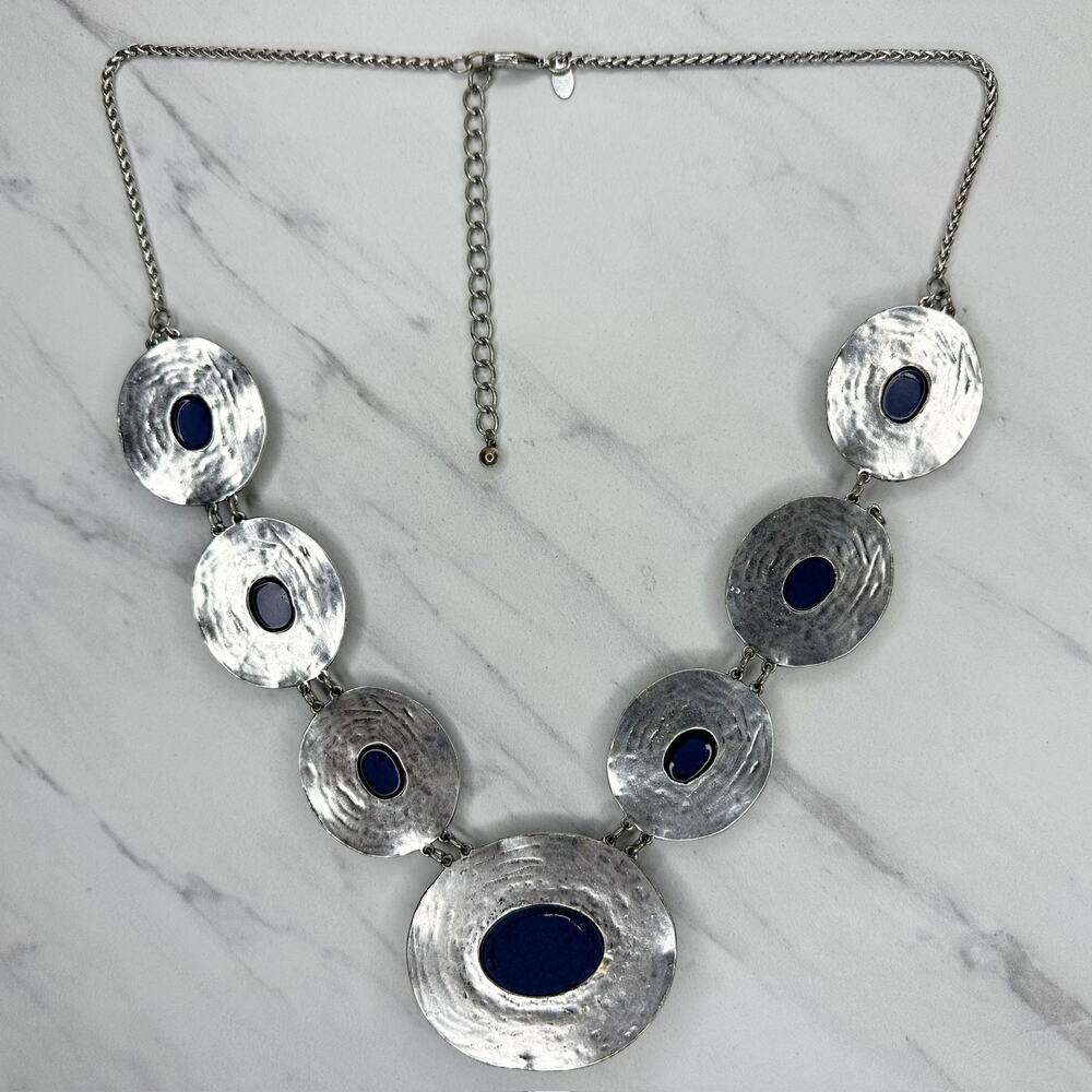 Chico's Blue Cabochon Silver Tone Disc Station Bib Necklace ✨ - Picture 3 of 11